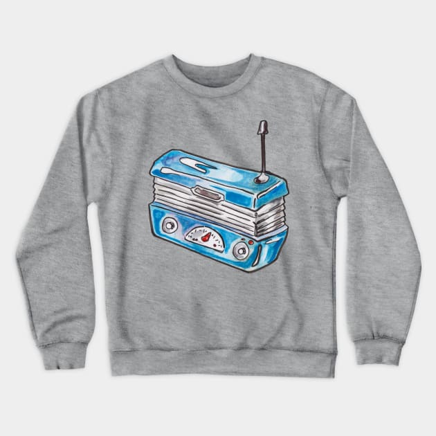 Little Blue Retro Radio Crewneck Sweatshirt by JenTheTracy